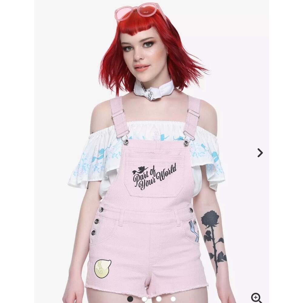 NWT Hot Topic Disney Little Mermaid Ariel Pink Denim Shortalls M Casual Vacation